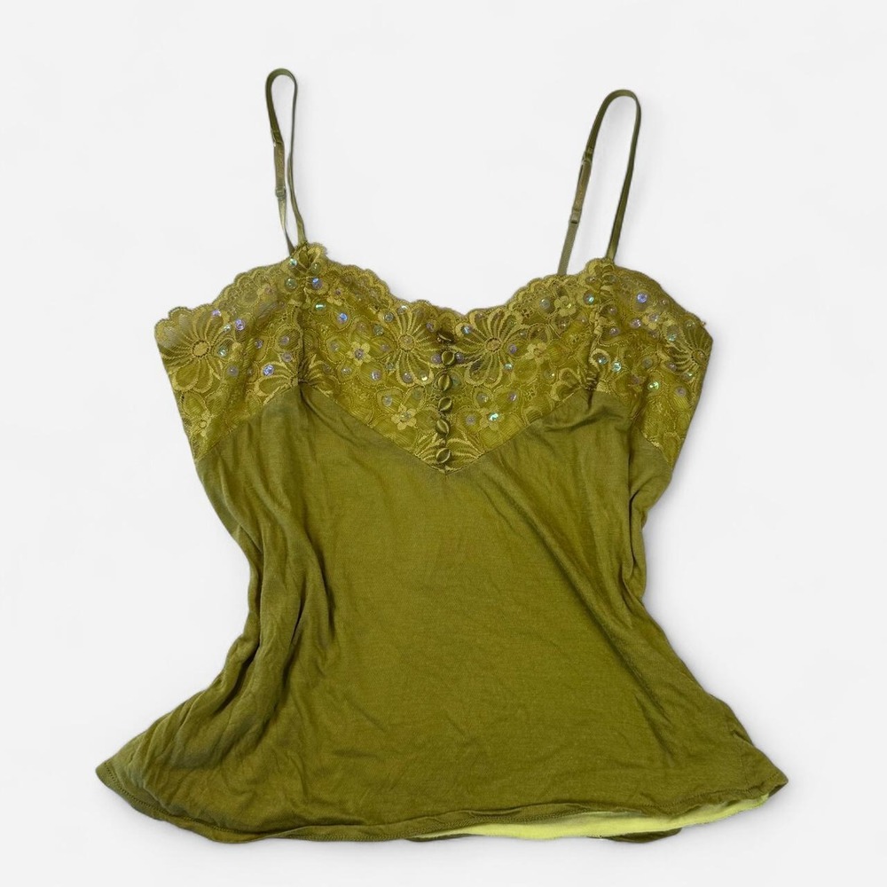 Express Y2K Fairy Olive Green Sequin Lace Trim Layered Cami Top Small
